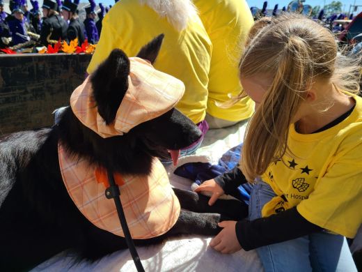 A child holds Genesee's paws while sitting on a parade float.